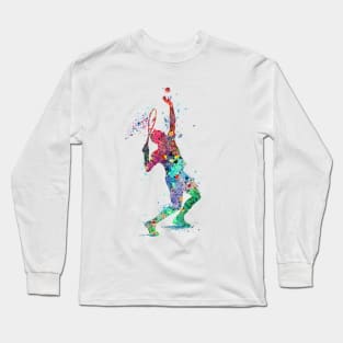 Tennis Boy Player Colorful Watercolor Tennis Serve Sports Gifts Long Sleeve T-Shirt